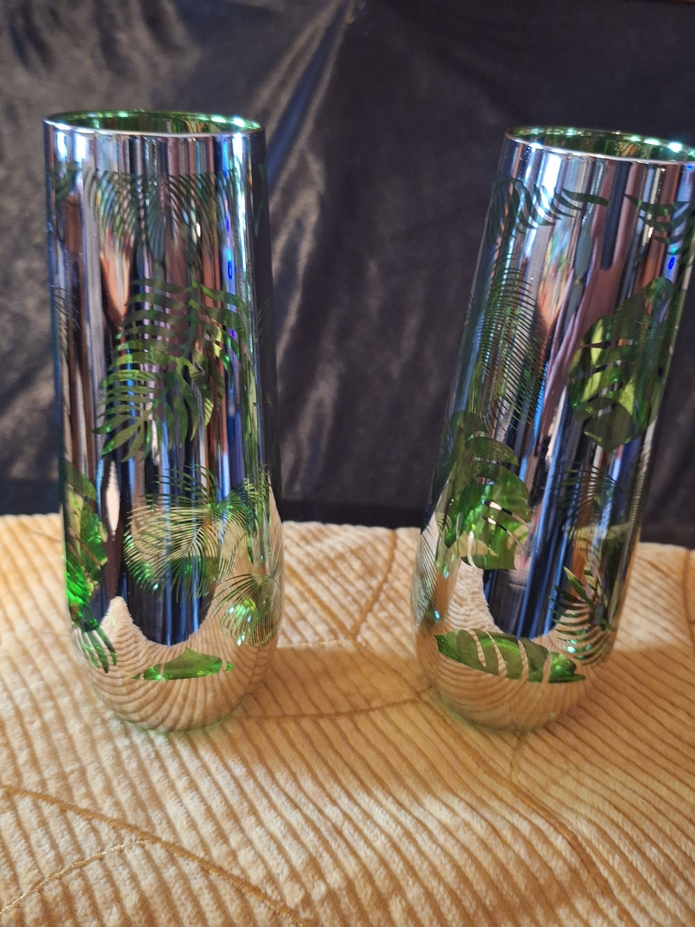 Metallic Silver Foil Stemless Flute Glass  with Green Leaf Accent - Home Accents